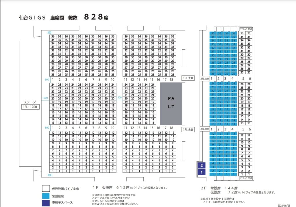 仙台ギグス 座席 見え方 座席表 キャパ 2階 スタンディング席 見切れ席
