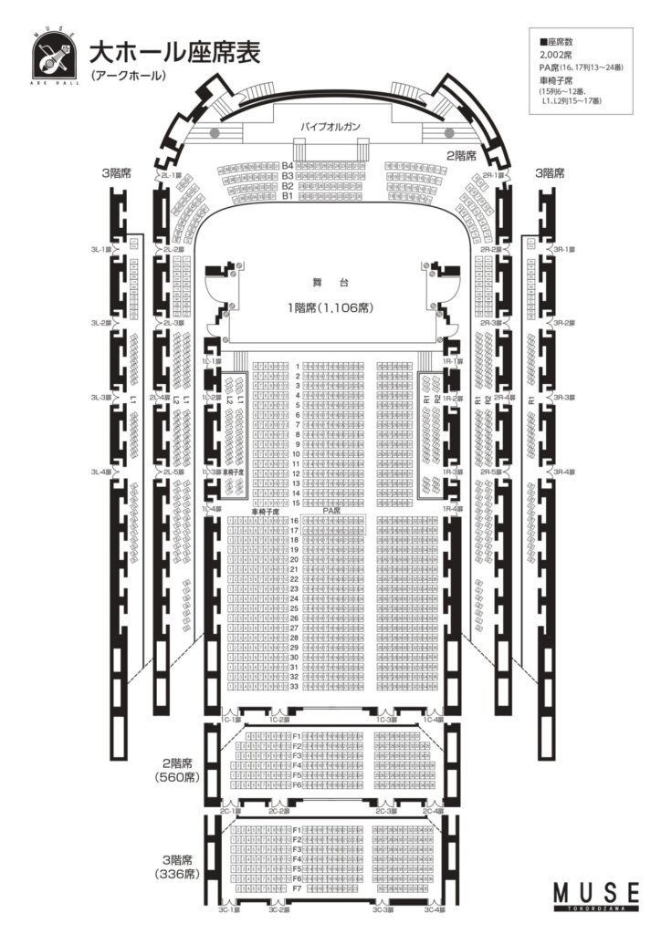 所沢ミューズ　座席　見え方　おすすめ　キャパ　見切れ席　座席表　1階　2階　3階